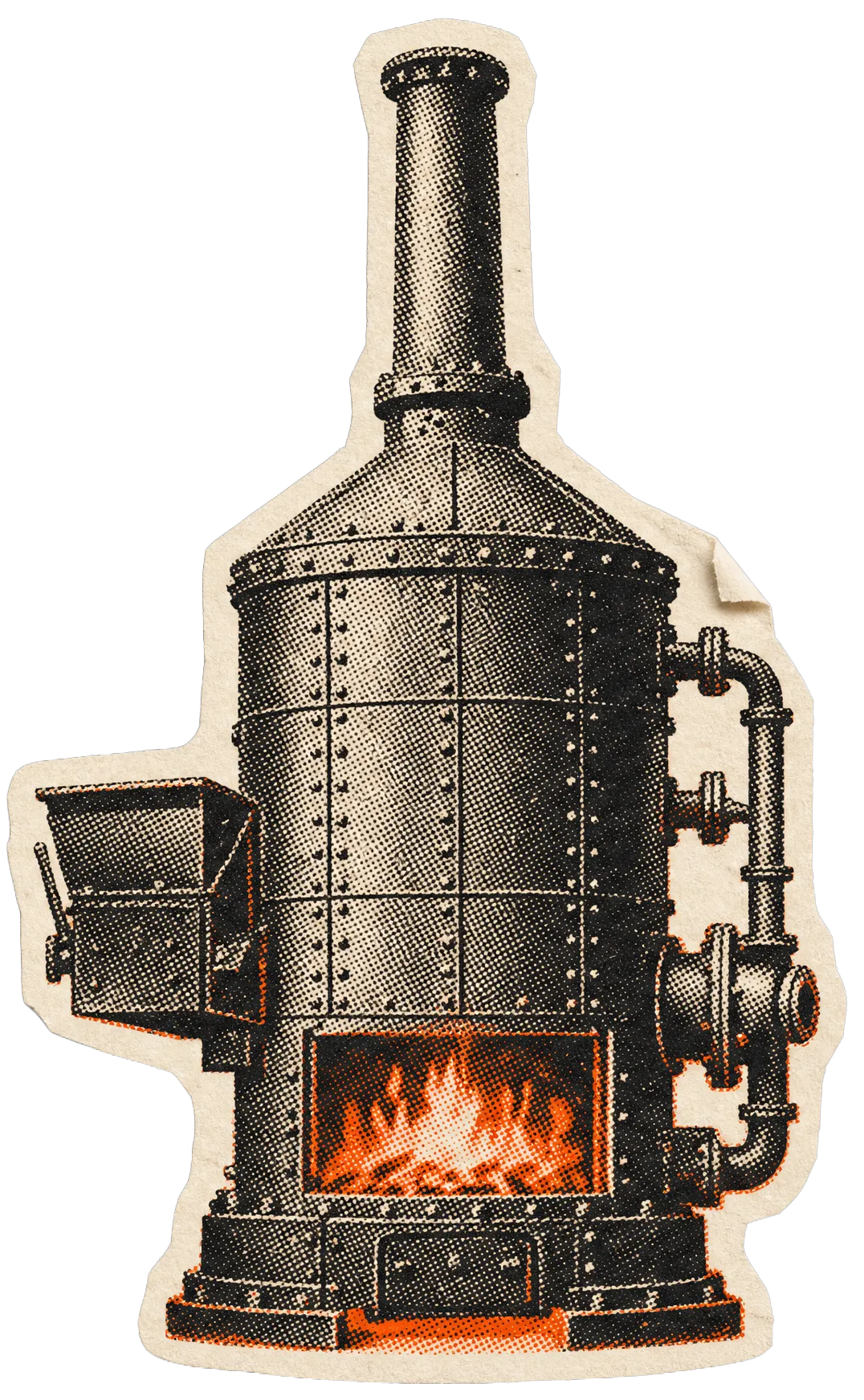 A riveted sludge incinerator with its fire door open.