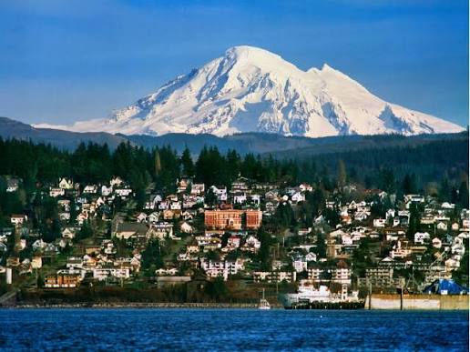 Bellingham's waterfront neighbourhoods below Mount Baker, seen across the bay.